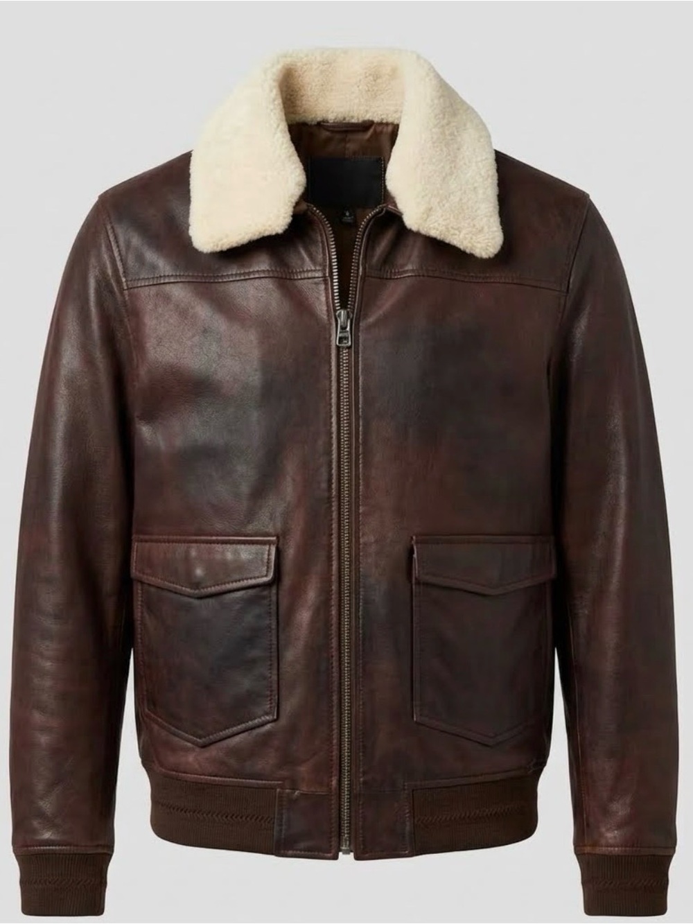 Goosecraft XL Mens Brown Leather Bomber Aviator Jacket Removable Sherpa Collar